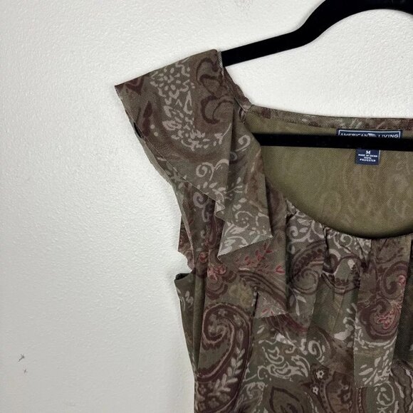 Y2K Mesh Top Vintage Women's Fairy Grunge Shirt Size M Brown Paisley Ruffle Neck - Picture 2 of 4